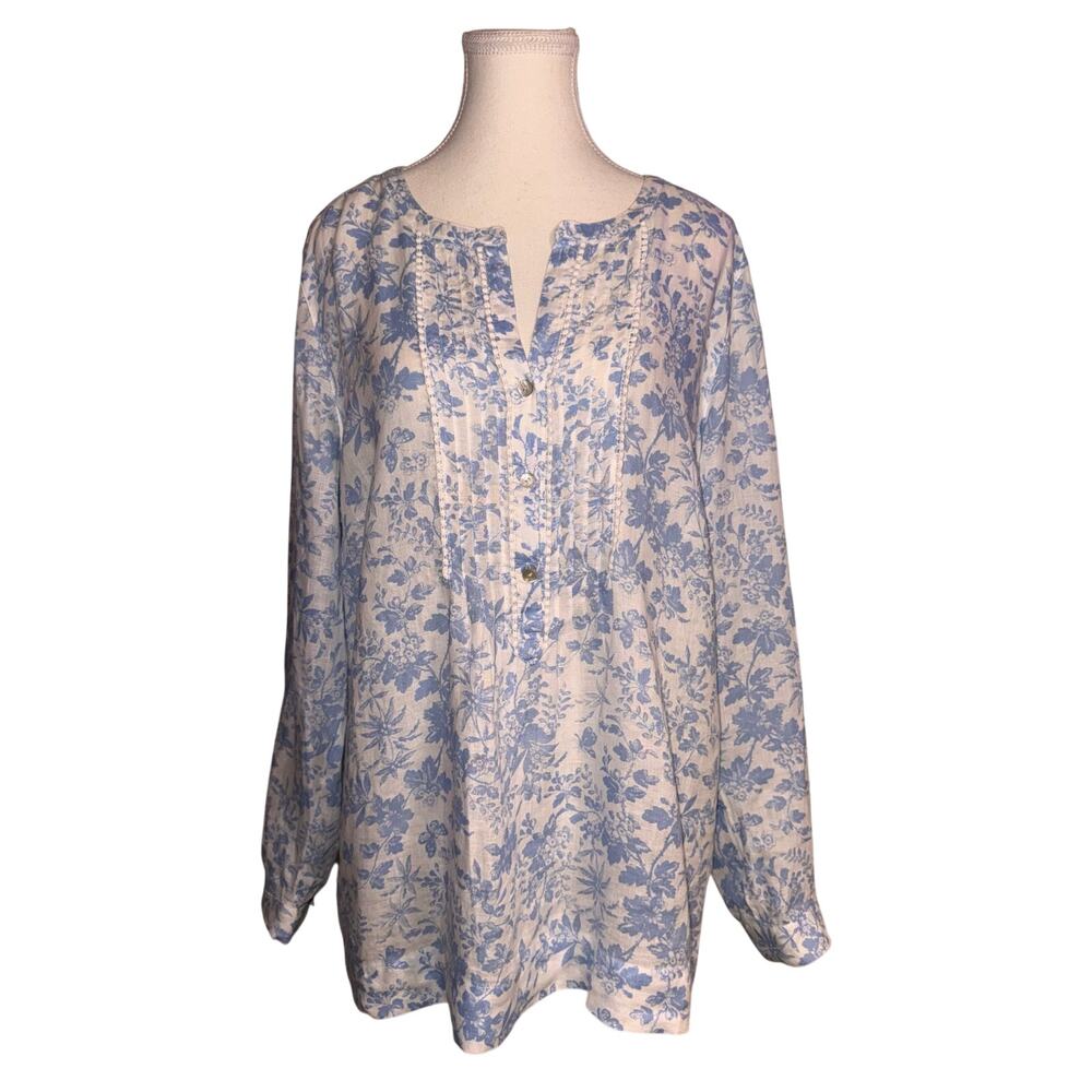 J. Jill Love Linen Floral Tunic Top Large Blue White 100% Linen Long Sleeve Boho - Picture 2 of 12